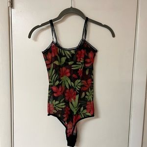 black and red sheer floral bodysuit